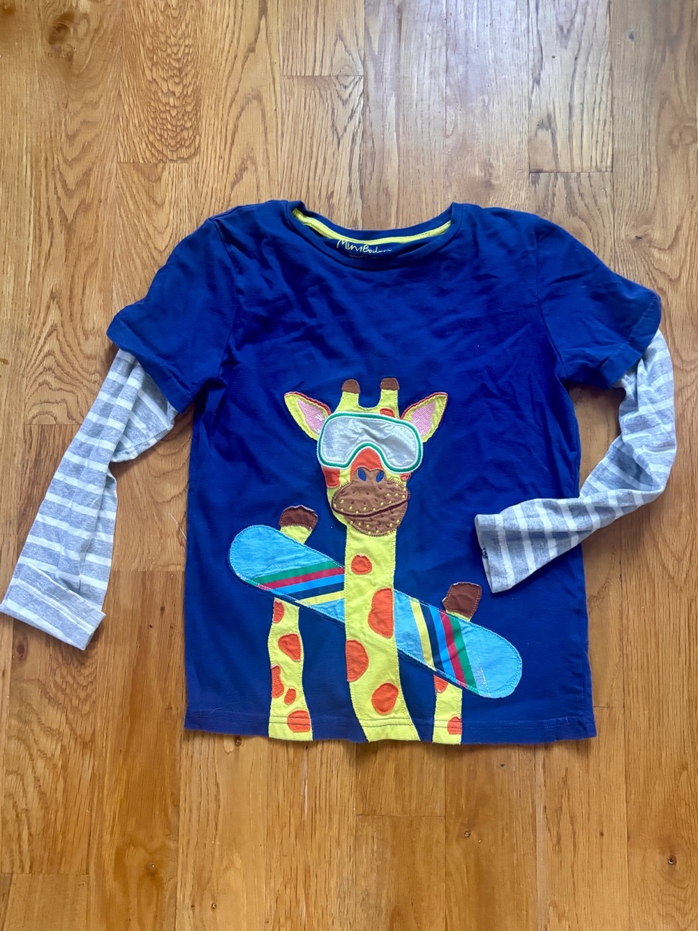 Mini Boden Giraffe Ski Snowboard Long Sleeve T-Shirt Blue Stripe Layered Top